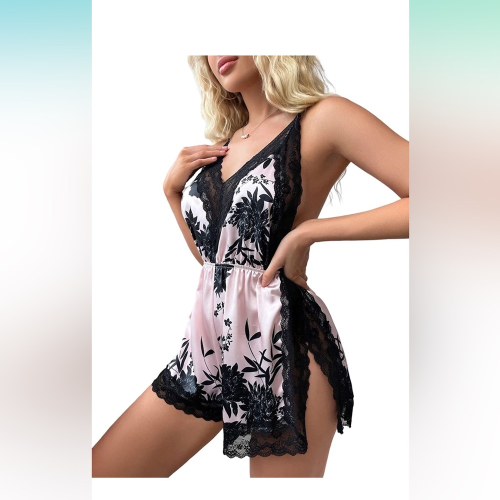 Amazon pink and black romper with lace trim